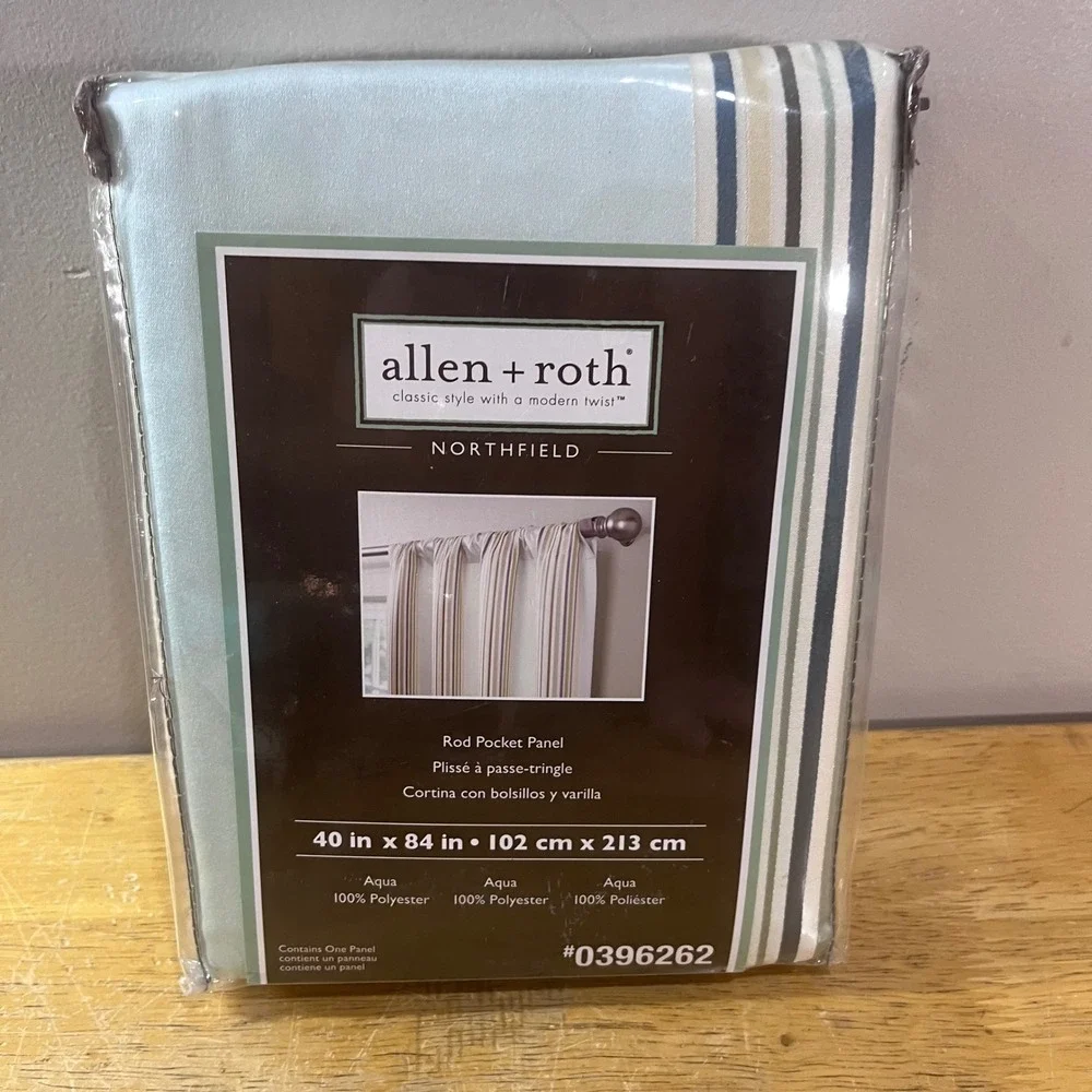 Allen + Roth Northfield Aqua Striped Rod Pocket Curtain Panel 40x84 0396262 NEW